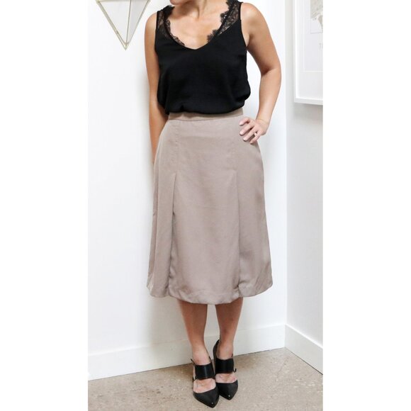 Vintage Khaki A Line Skirt, Classic Flared Cut w/ Tulip Pleats, Small Office - Picture 2 of 8